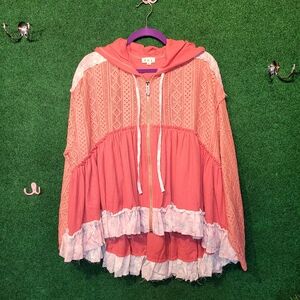 954 NWOT POL Coral Hooded Ruffle Zip Jacket